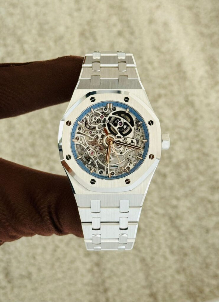 Audemars Piguet Royal Oak Openworked 15467BC Double Balance Wheel White Gold Light-Blue Inner Bezel