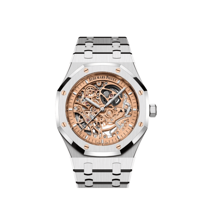 Audemars Piguet Royal Oak 15407ST Double Balance Wheel Stainless Steel Openworked Pink Gold-Toned Dial