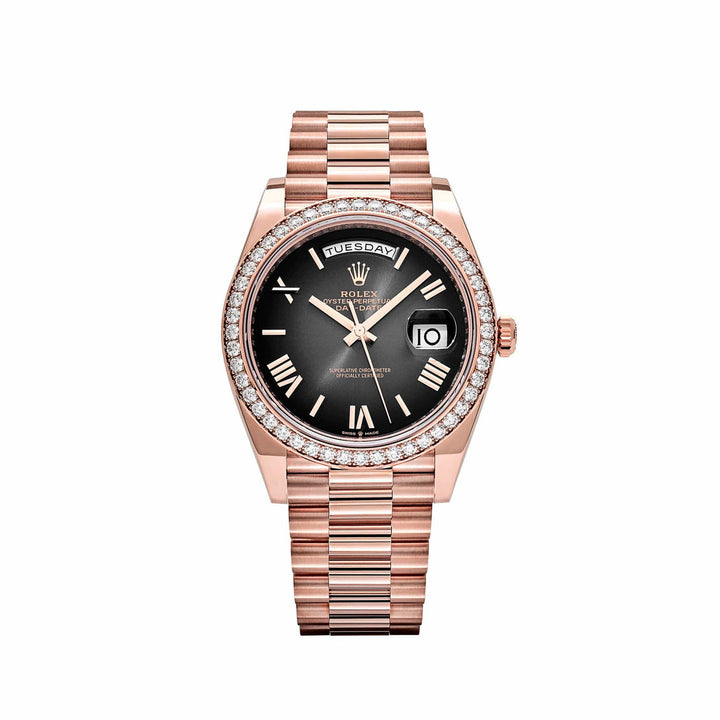 Rolex Day-Date 40 228345RBR Rose Gold Chocolate Dial Diamond Bezel